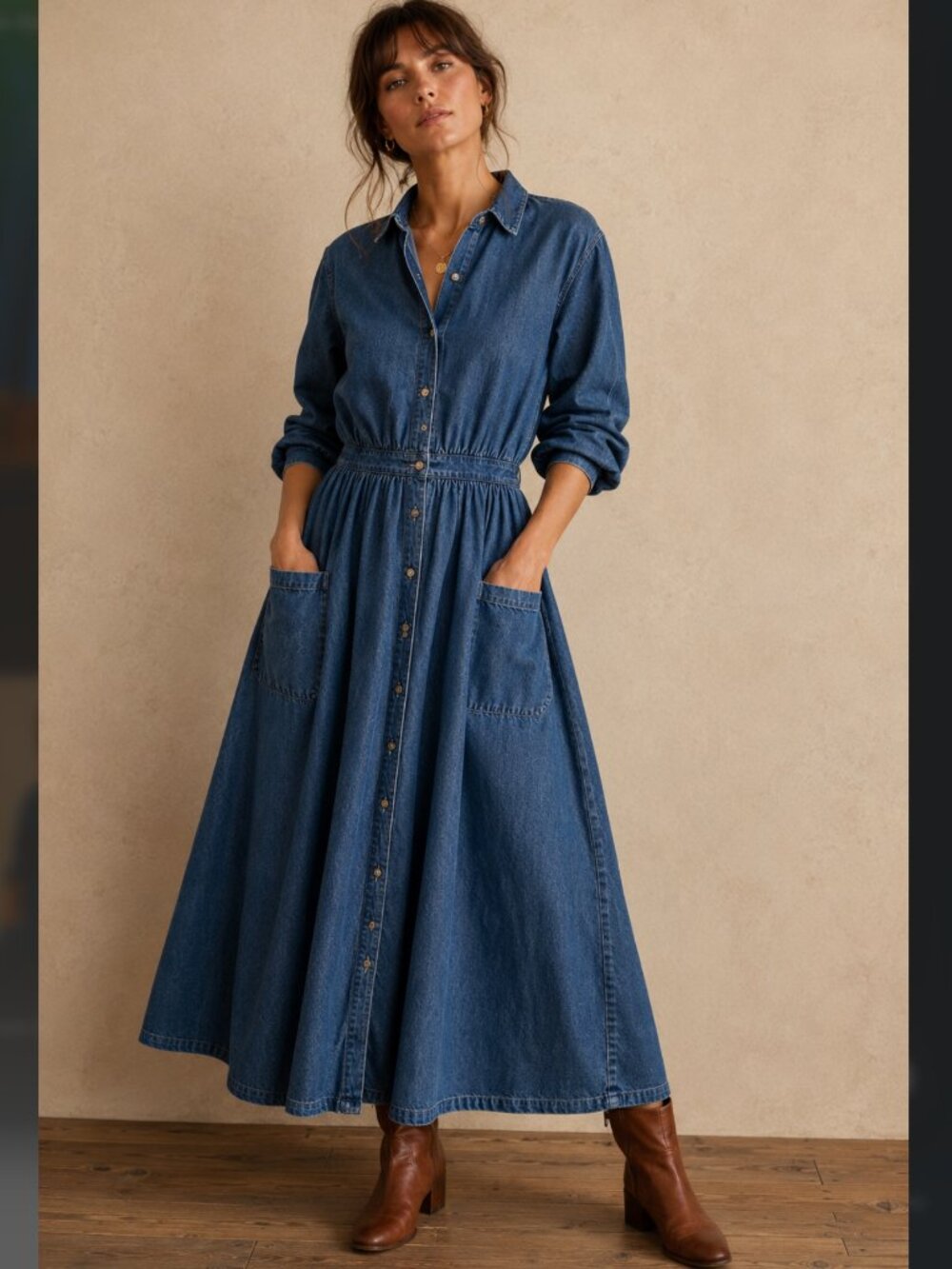 Vintage Eddie Bauer Denim Shirt Dress Small Maxi Chambray Cotton Prairie Pockets - Picture 2 of 14